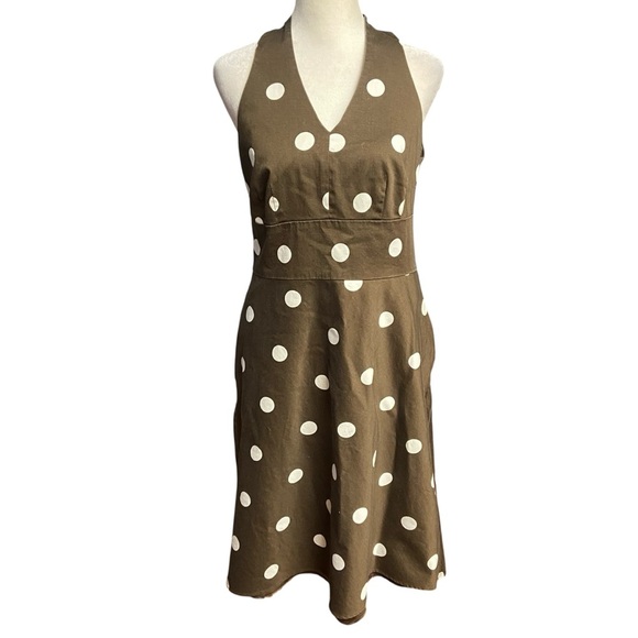 Ann Taylor Fit& Flare Halter Dress Size 8P Brown White Polka Dot Racerback 50s - Picture 1 of 10